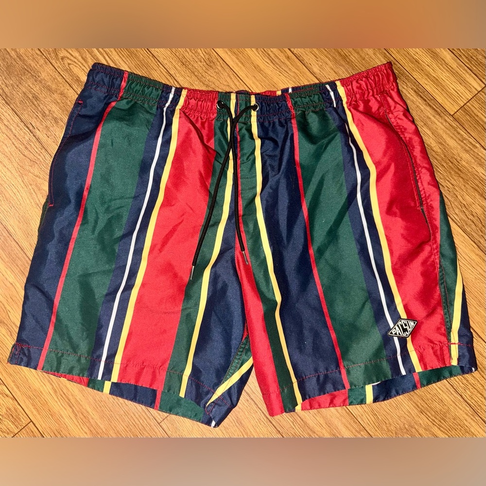 Pacsun mens striped colorful multicolor 80s style swim trunks board shorts XL